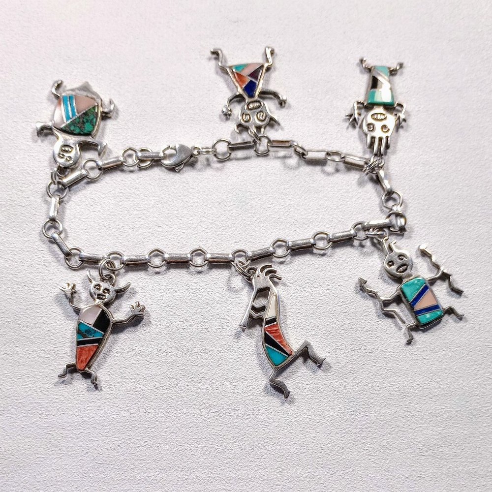 Rock kritters Native American vintage sterling silver 6 charm bracelet